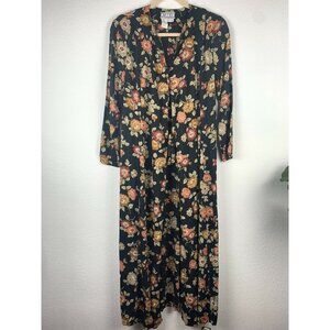 VINTAGE Matter of Degrees Women PS Black Floral Print Duster Kimono Top Cardigan